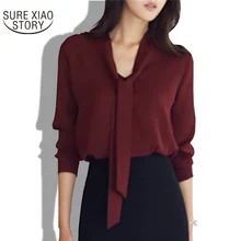 2017 spring new women clothing long-sleeved bow tie shirt Korean loose chiffon shirt women solid color blouse 699C 30