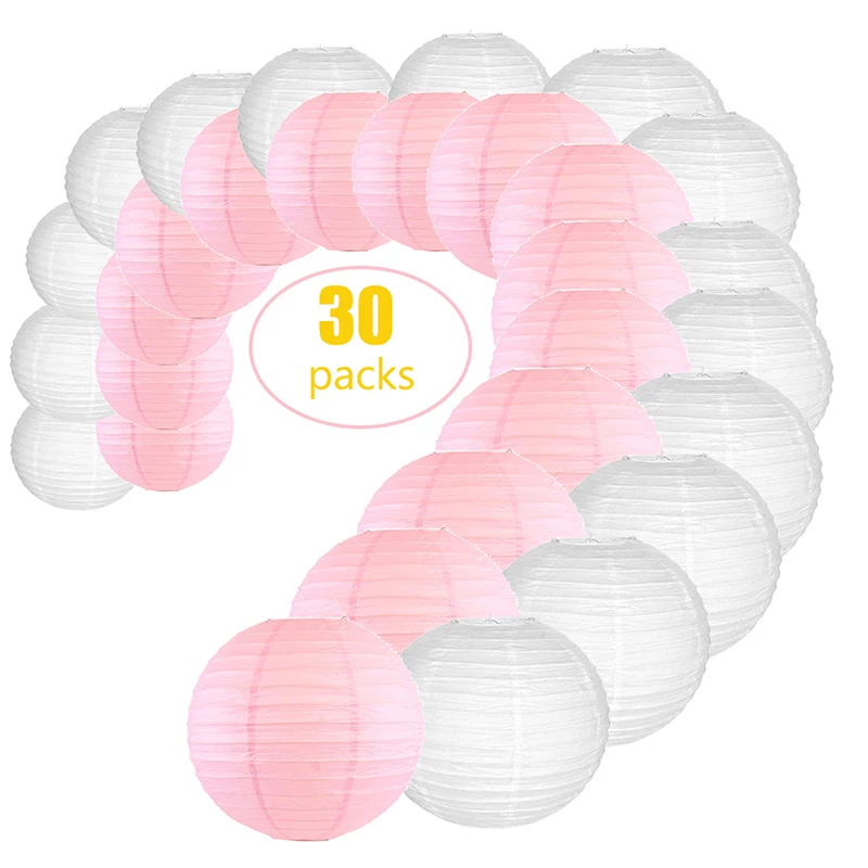 $25.98 30 Pcs Per Set White and Light Pink Chinese Paper Lantern lampion Assorted Sizes Round Paper Lantern Wedding Party Hanging Decor