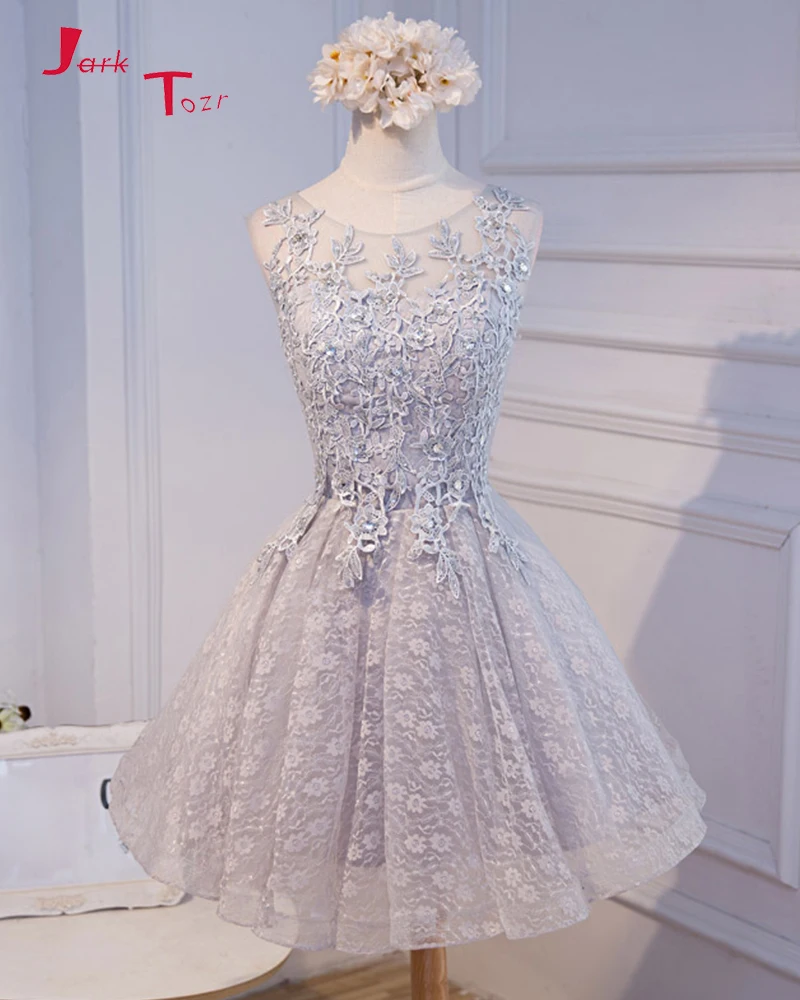 

Jark Tozr Custom Made Appliques Beaded Crystal Grey Lace Above Knee Mini Bridesmaid Dresses Short For Junior 2019 Party Gowns