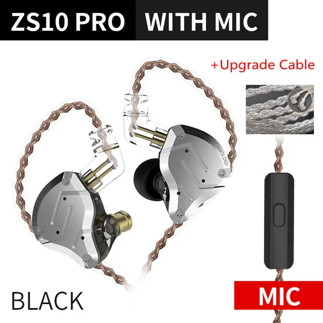 black mic silver KZ ZS10 PRO 1DD+ 4BA HIFI металлическая гарнитура, гибридные наушники в ухо, Спортивная гарнитура с шумоподавлением AS10 ZST ZSN PRO ES4 ZSX C12 V90 P1 - Цвет: black mic silver