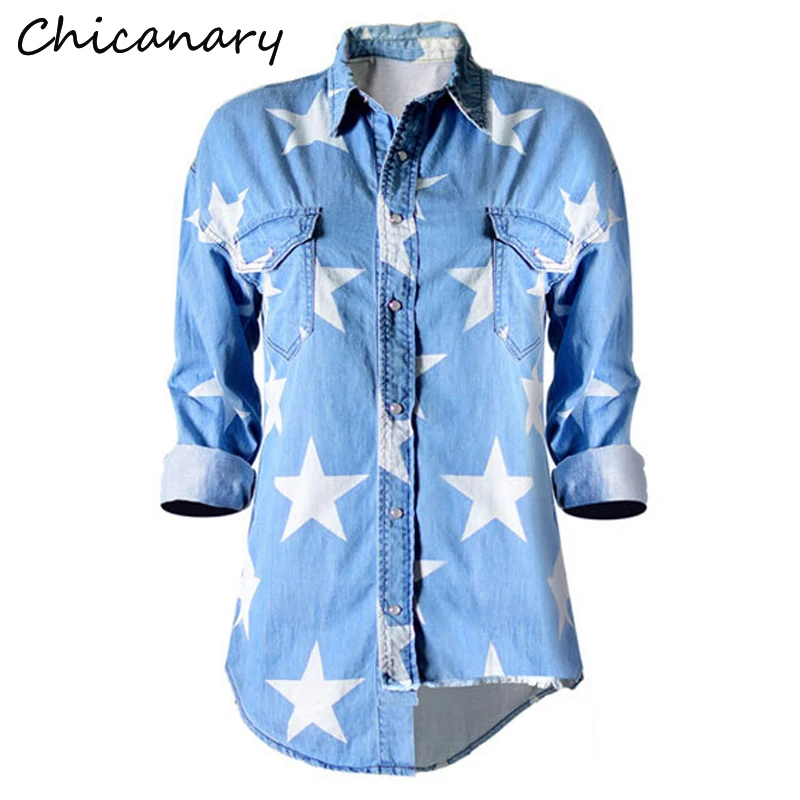 Chicanary Light Blue Star Print Women Denim Shirts Distressed