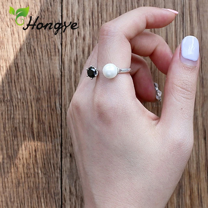 

Hongye Shell Pearl Ring for Girls Top Quality Zircon Black/White Finger Jewelry Women Adjustable Sterling Silver Ring Fine Jewel