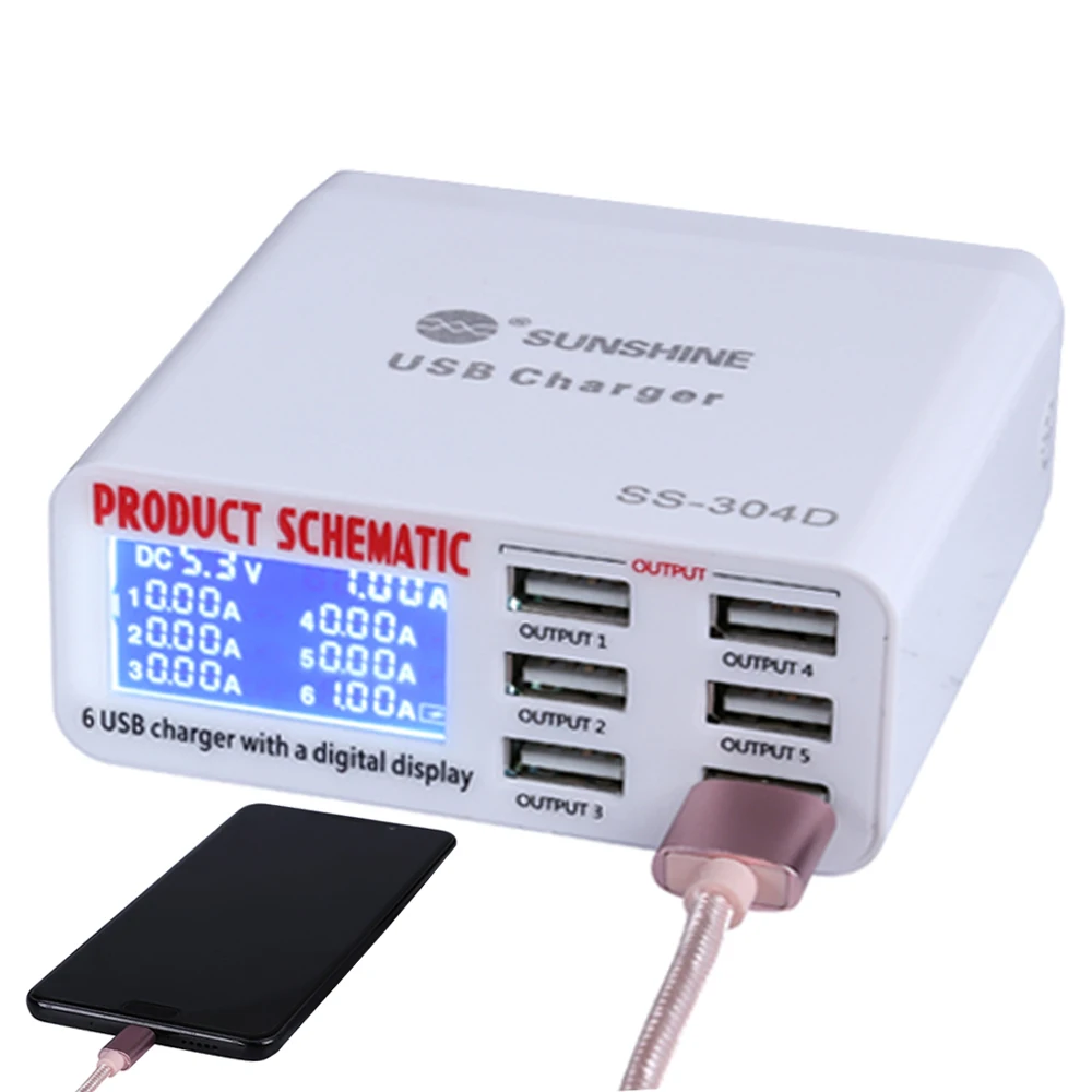 

100-240V Mobile Phone Repair Tool 6 Port USB Fast Charger With LCD Display for iPhone Samsung iPad Outils Phone Repair Tools Kit