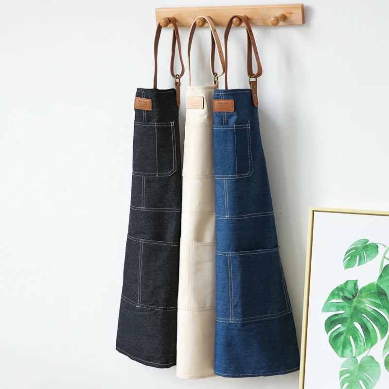 Hot Japanese style Denim Apron for Chef Kitchen Cooking BBQ Kitchen Apron For Woman man Adjustable Pocket Chef Works bib smock