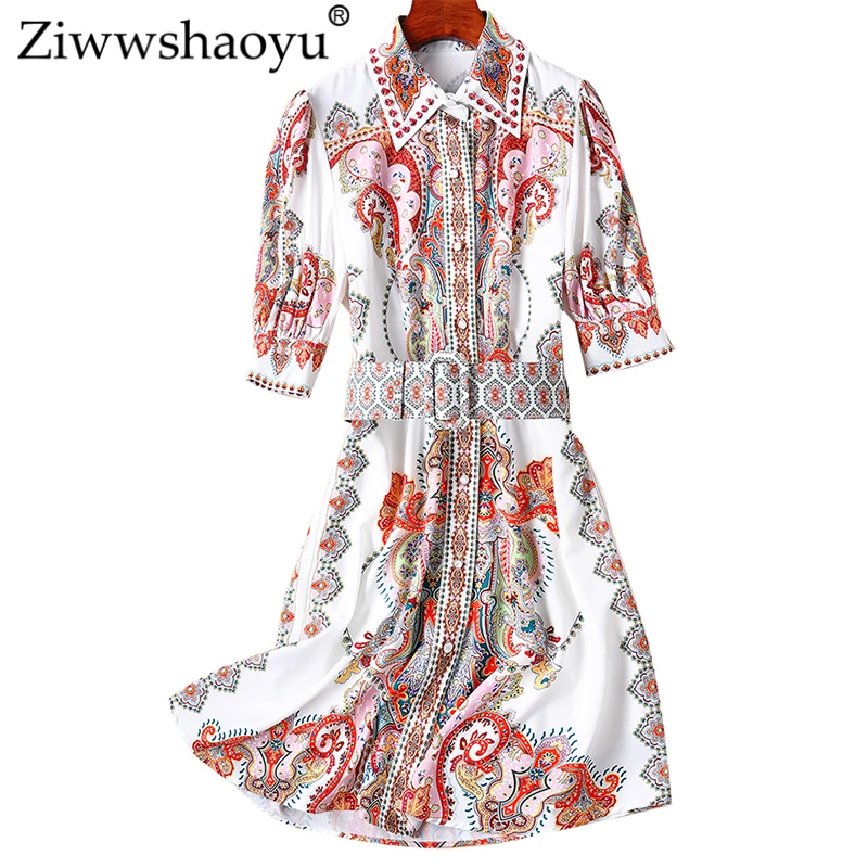 

Ziwwshaoyu Elegant Beading dresses Turn-down Collar Diamonds Indie Folk Print dress Spring and summer new women's