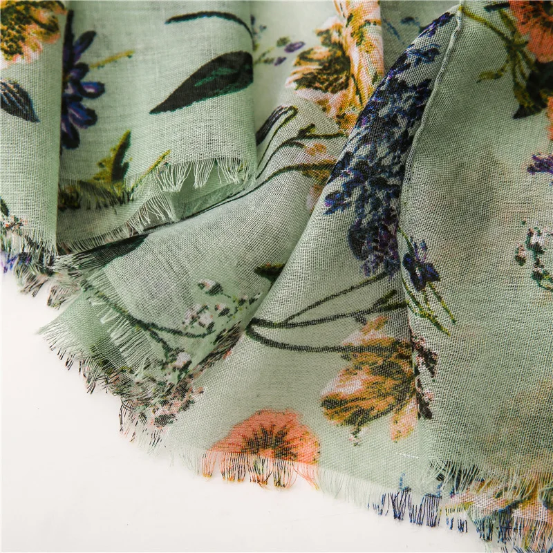  Floral Scarf Viscose Hijab for Women Head Scarf Green Large Shawl Handkerchief Autumn  [6622]