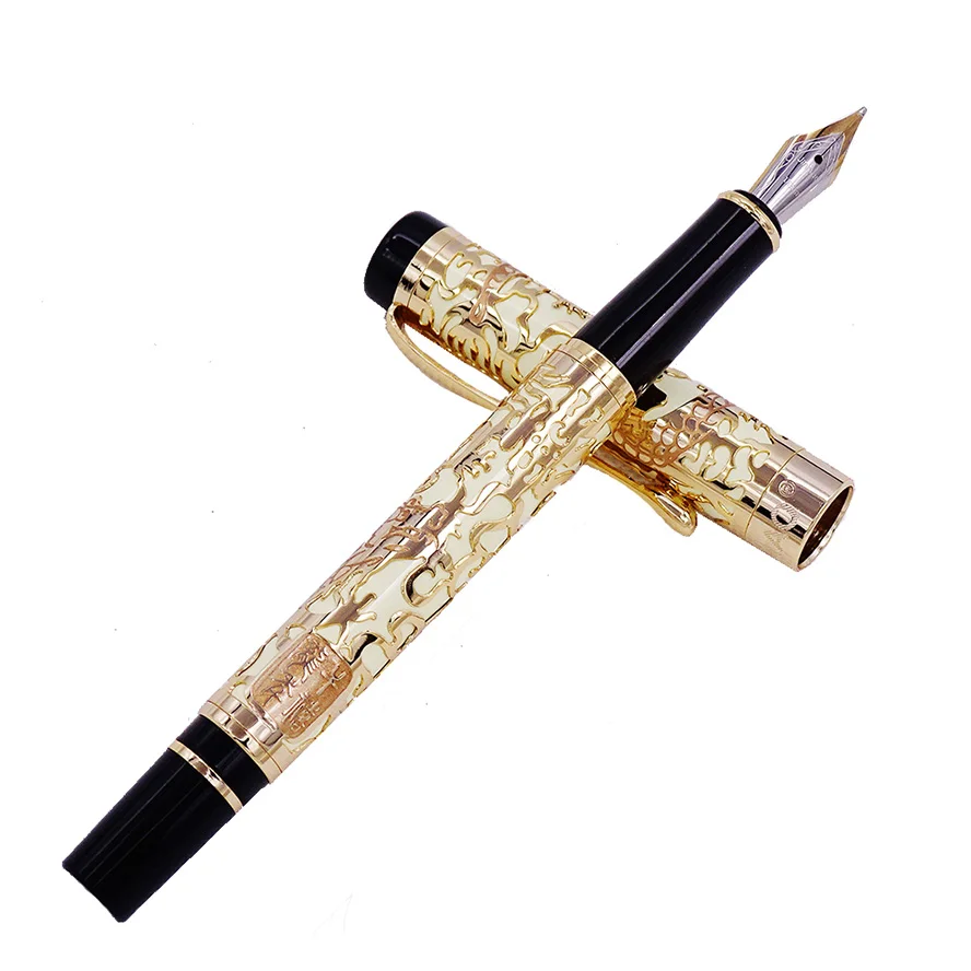 

Jinhao 5000 Vintage Luxurious Metal Fountain Pen Beautiful Dragon Texture Carving, Yellow & Golden Ink Pen for Office Business