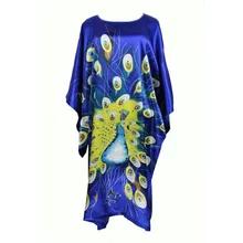 Синий Живопись китайский Для женщин шелковый халат ночная рубашка юката Цветок Один размер S4023