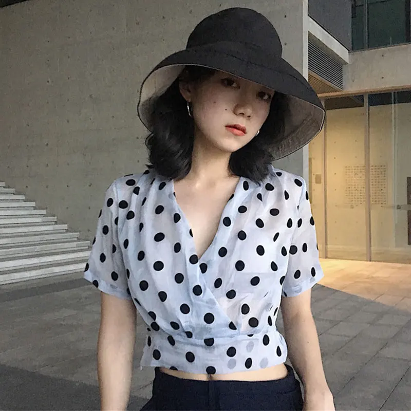 

Women Summer Thin Vintage V-neck Cross Black White Polka Dot Chiffon Short Crop Shirt Boho Beach High Waist Blouse Tops Blusas