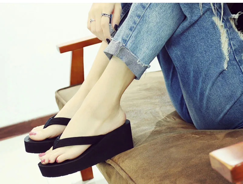 SHANGXIAN Summer Womens Sandals Wedge Platform Flip Flops Comfortable and Wearable High Heels Beach Slipper,Black,37 