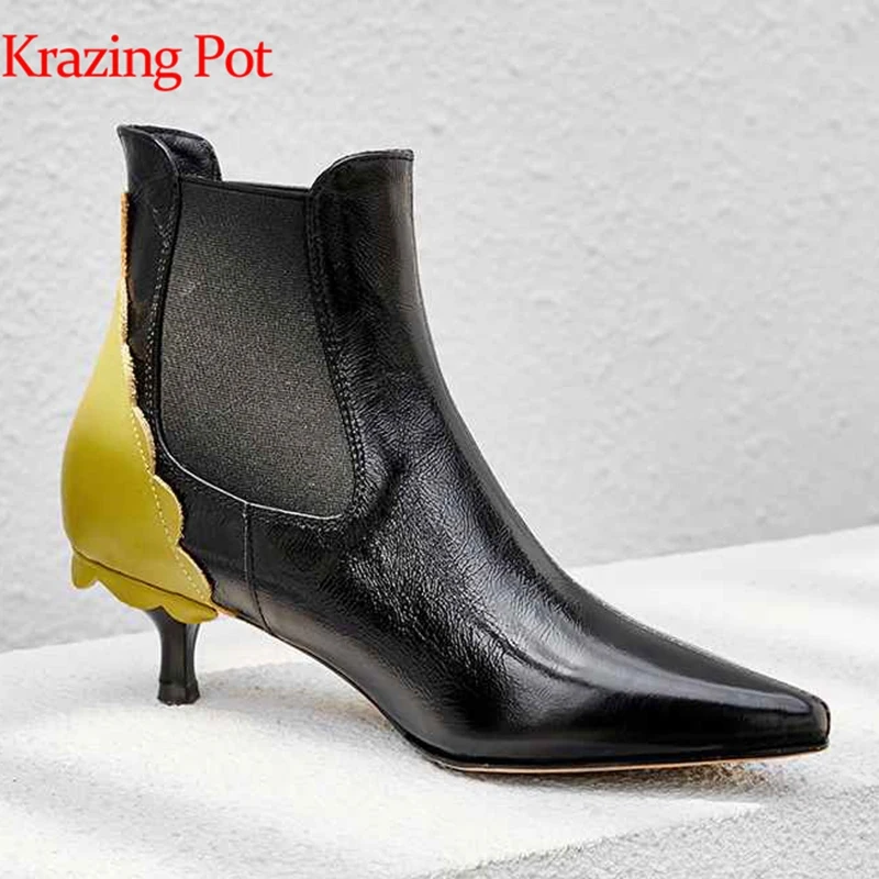 

Krazing pot cow suede original design strange style heels daily career pointed toe mixed color ruffles lacework ankle boots L73