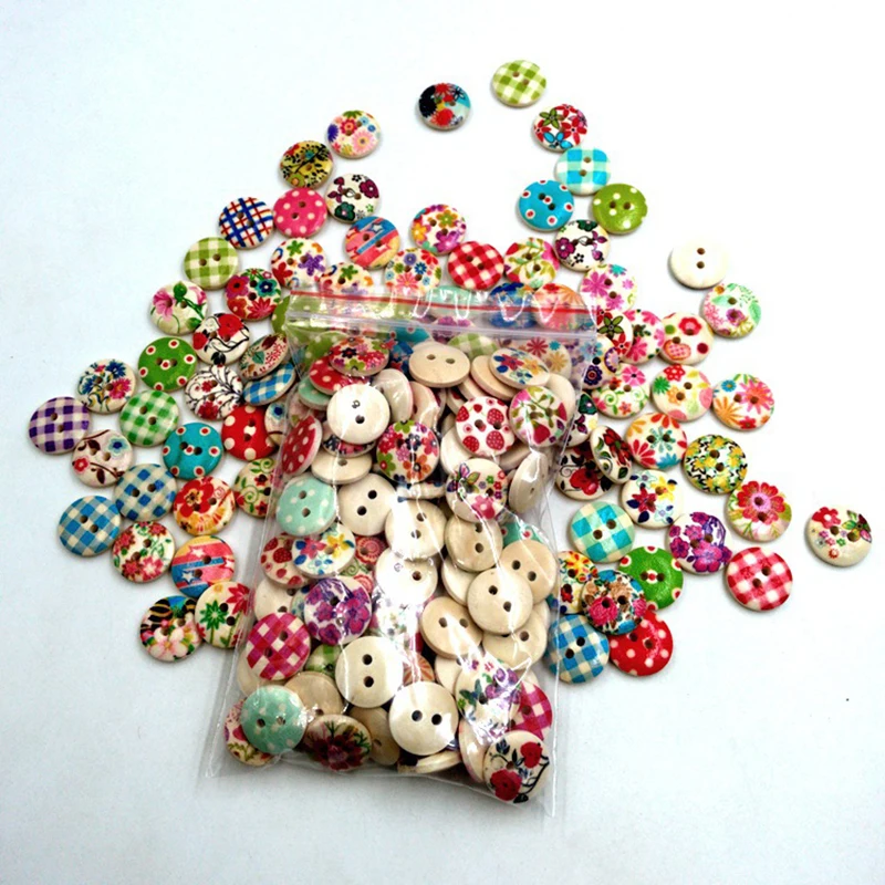 Mayitr 100pcs Cartoon Flower & Checked Button Wooden Buttons Sewing Craft DecorationButtons DIY Craft Supplies