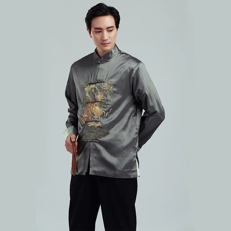 

2019 New Long Sleeve Tang suit Chinese Traditional dragon printed Jacket chinese kung fu clothing mandarin collar Jacket Men