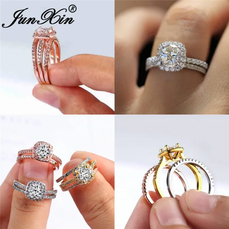 JUNXIN 80% OFF! Bridal Set Female White Crystal Engagement Ring Sets For Women 925 Silver Rose Gold Filled Square Zircon Jewelry