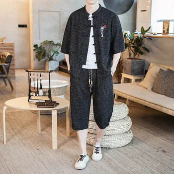 

#3405 Summer Plus Size 4XL 5XL Two Piece Sets Half Sleeve Shirt And Pants Chinese Style Vintage Cotton And Linen Male Clothes