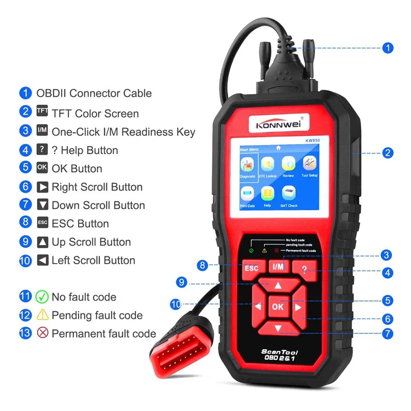 KONNWEI KW850 полный OBD2 автомобиля программное средство диагностики кВт 850 OBDII Авто сканер PK AD310 NT301 обновление бесплатно на ПК с RU/UK/США склад