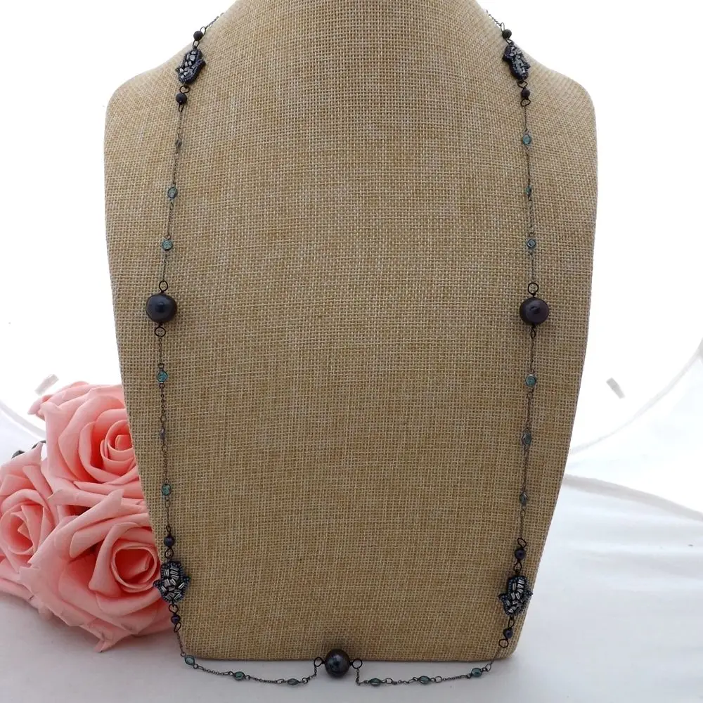 K063004 36 Black Keshi Pearl Cz Pave Hamsa Long Chain Necklace in 