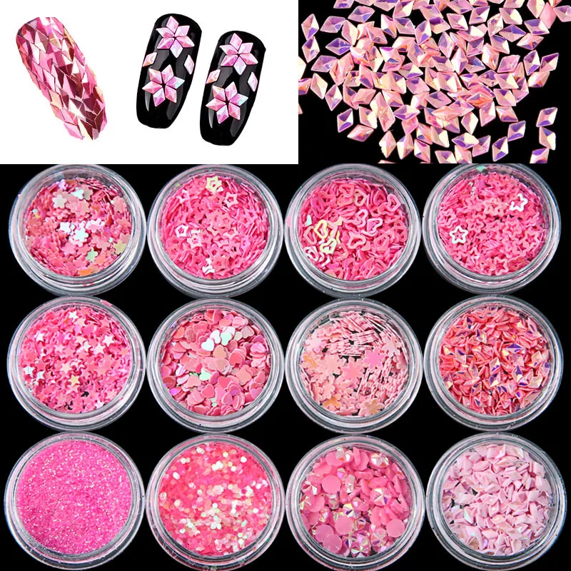 

12 Pcs Pink Series Mix Snowflake Heart Star Nail Sequins Shining Nail Glitter Powder Rhinestone Tips Nail Art Decoration