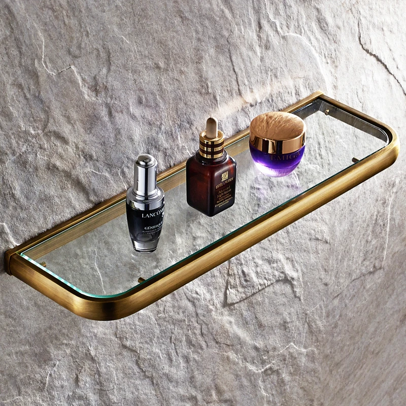 Luxury Antique Single Layer Bathroom Glass Shelf Brushed Brass Wall