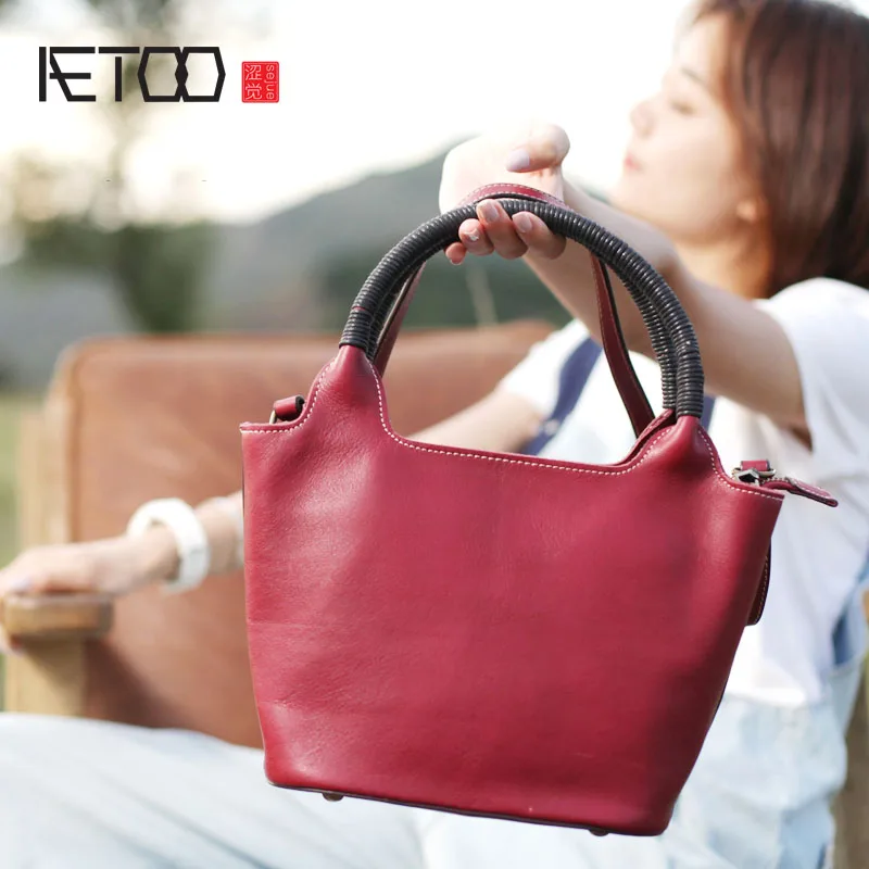 AETOO New shell bag ethnic style handmade leather red handbag literary retro casual shoulder bag