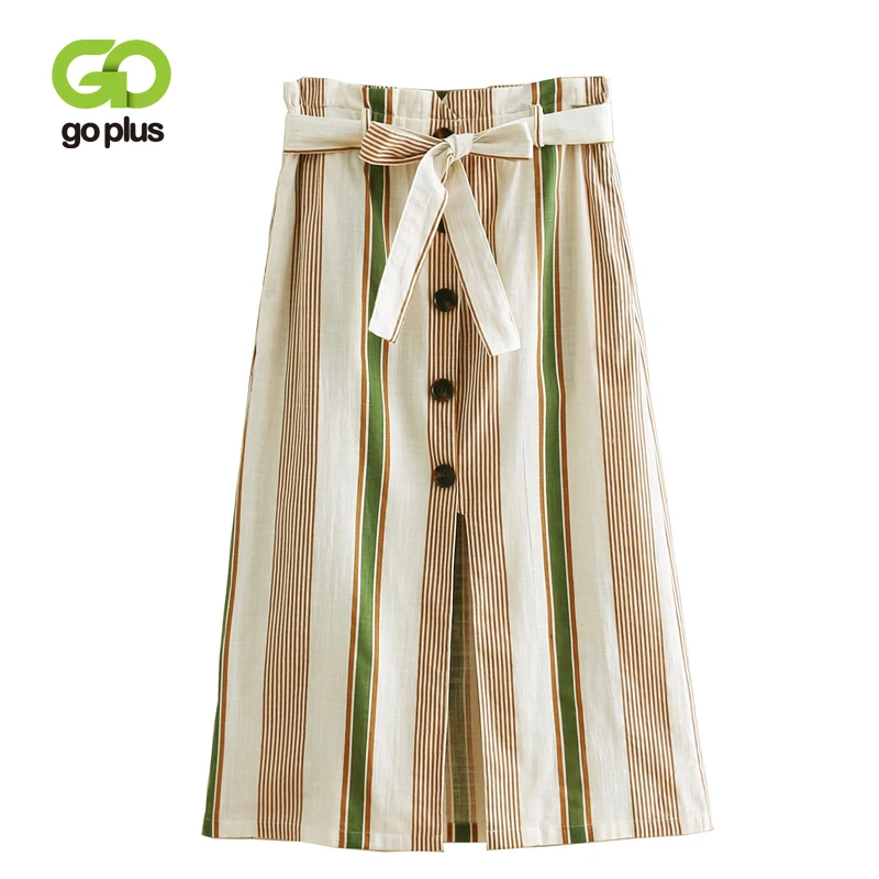 

GOPLUS Summer Spring Skirts Woman Vintage Casual Front Slit Belt Striped Bow Buttons Skirts Womens Faldas Mujer Moda 2019 C7524