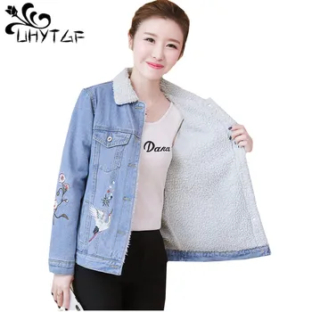 

UHYTGF Autumn Jcket Women Plus velvet Thick Winter Denim Jacket Cotton Coat Embroidery Short Jeans Jacket Plus size Coat 875