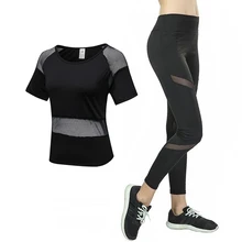 Спортивный костюм для женщин, футболка для йоги+ штаны, набор для фитнеса и йоги, сетчатый комплект для тренировок, спортзала, бега, Лоскутная Спортивная одежда для бега