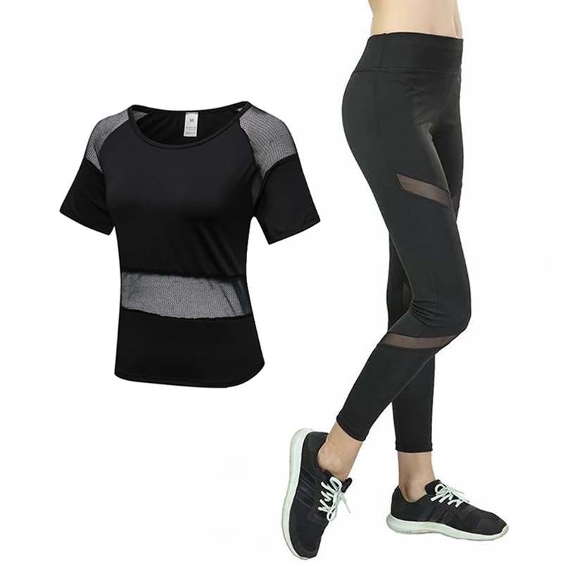 

2018 New Sports Suit Women Yoga T-shirt+Pants Fitness Yoga Set Mesh Workout Gym Running Patchwork Sportswear Running Clothes
