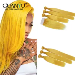 Желтые человеческие волосы 3 пучка с закрытием 4X4 перуанские прямые волосы Реми плетение блонд цвет