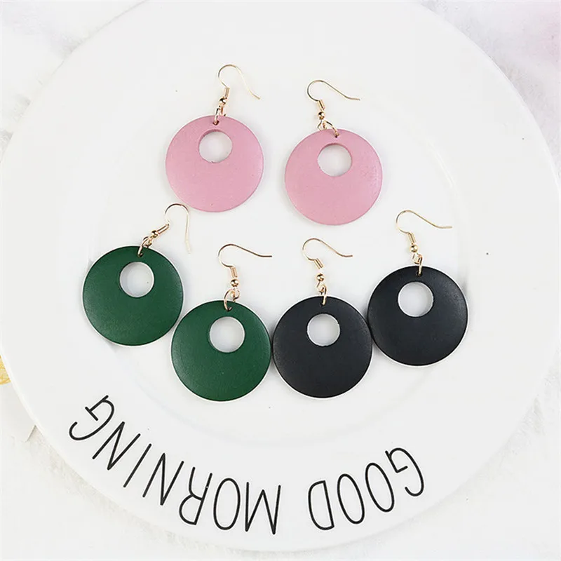 

Europe America Simple Solid Wood Round Circle Woman Girls Dangle Drop Earrings Fashion Jewelry-LAF