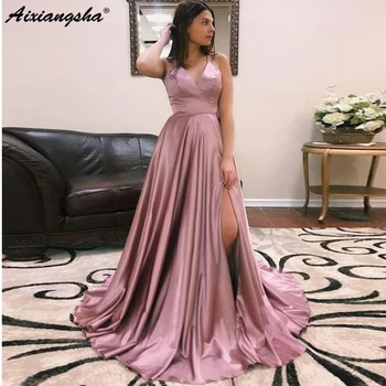 

Simple Pink Satin Evening Dresses 2019 Robe De Soiree Long Spaghetti Strap Prom Formal Dresses High Quality Custom Made Halter