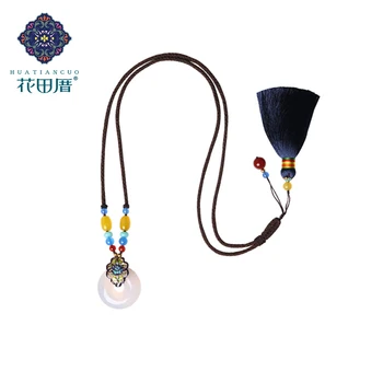 

Ethnic Cloisonne Flower White Stone Amulette Yellow Blue Stone Beads Rope Accessories For Woman Pendant Tassel Necklace CL-17043