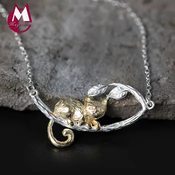 

925 Sterling Silver Necklaces Women Original Design Leaves Lovely Cute Cat Pendant Long Chain Handmade Animal Fine Jewelry YN61