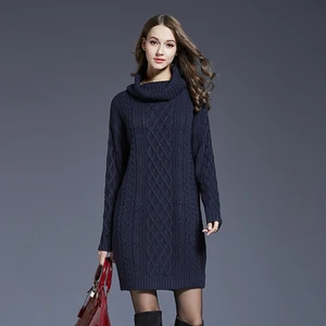 Women Fashion Turtleneck Thick Sweater Dresses Plus Size Casual Knitted Cotton Autumn Winter Dress