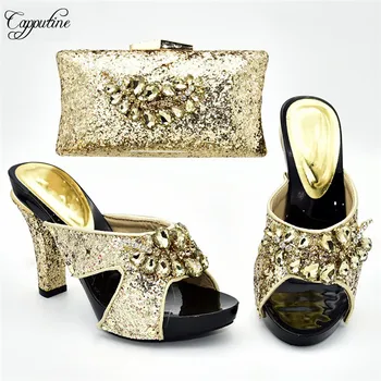 

New coming gold pumps shoes wedding party high heels pumps women shoes and bag set with shinning stones 388-3, heel height 11cm