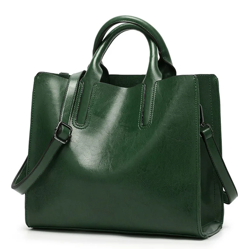 

2018 New Fashion oil wax leather women's messenger bag casual tote brand leather green female shoulder bags women's handbag