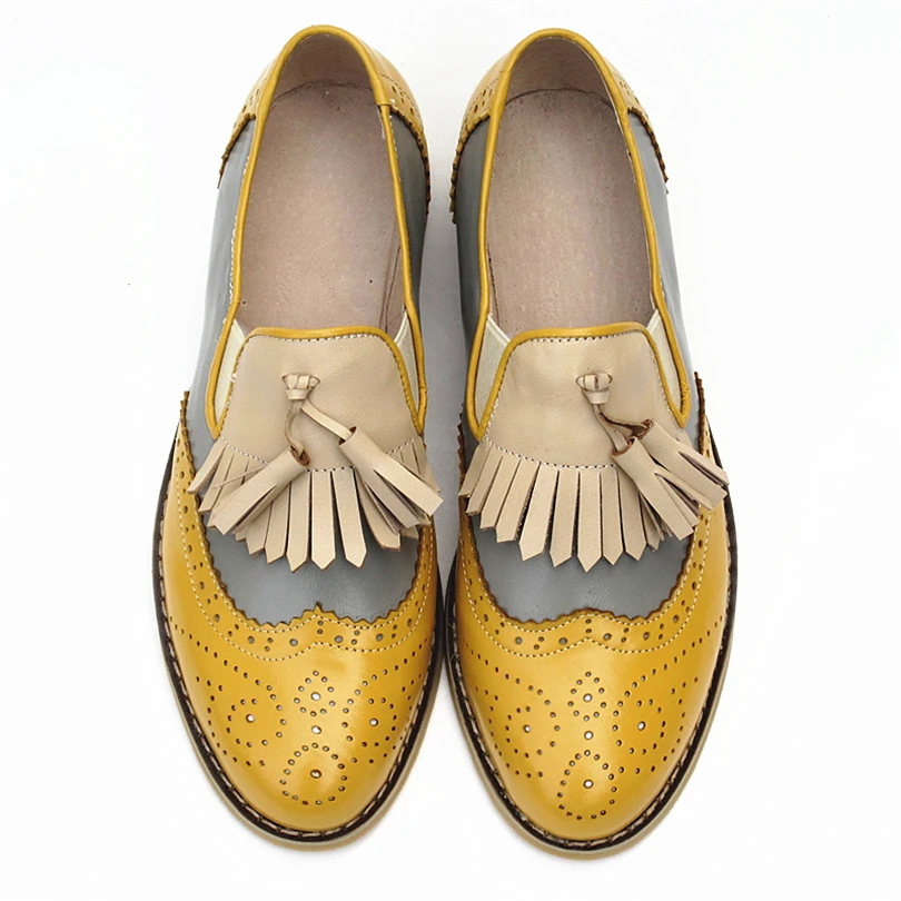 Baratos Zapatos oxford de primavera para mujer, mocasines de cuero genuino para mujer, zapatillas oxfords para mujer, zapatos con borla para mujer, zapatos de verano 2019