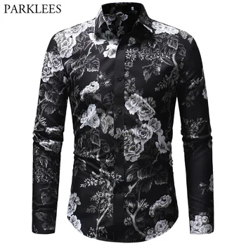 

Flower Floral Print Black Shirt Men 2018 Autumn New Slim Fit Long Sleeve Chemise Homme Casual Party Social Shirt Male Camisas