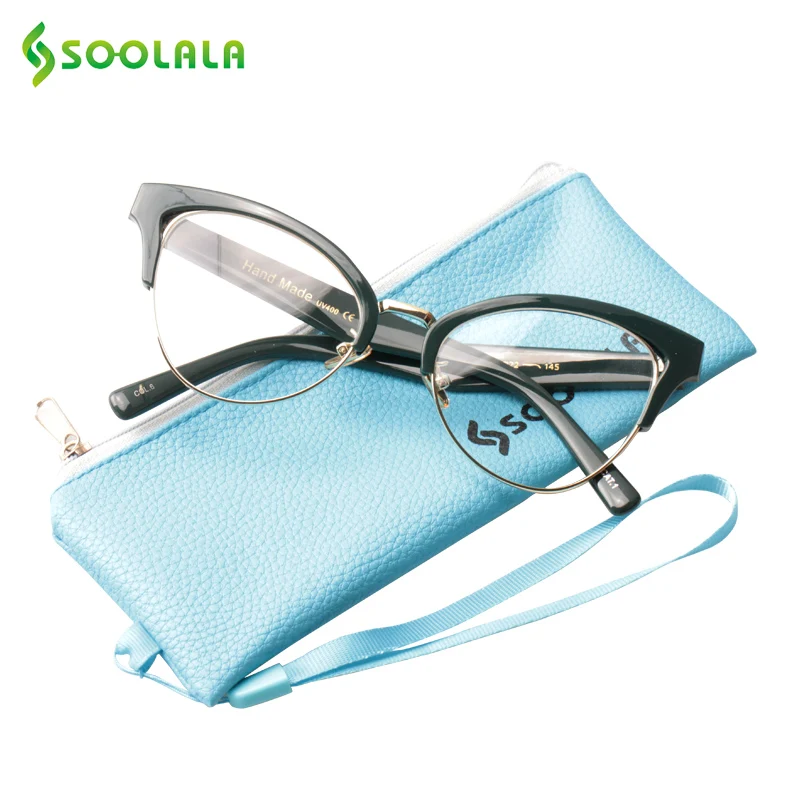 

SOOLALA Semi-Rimless Reading Glasses Women Men Eyeglass Half Frame Cat Eye Presbyopic Reading Glasses with PU case +0.5 to 4.0