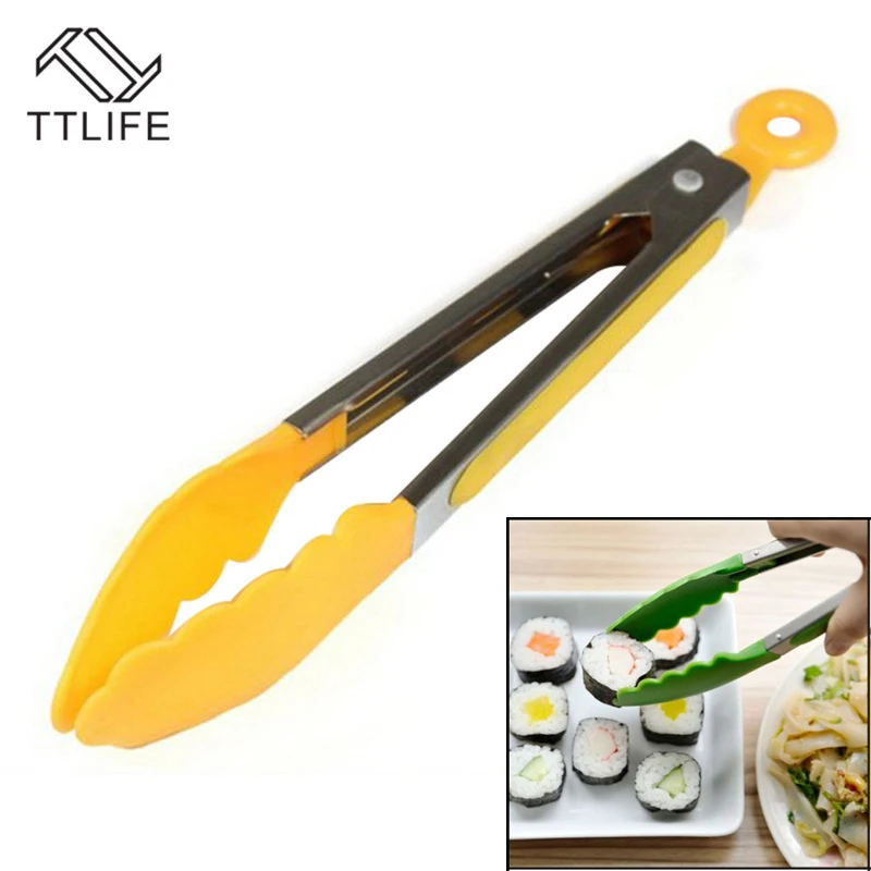

TTLIFE Silicone Kitchen Cooking Salad Serving BBQ Tongs Stainless Steel Handle Utensil Barbeque Tongs Food Clip Color Random