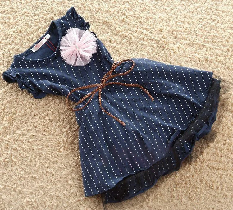 

Girls Dresses New Fashion Top Quality Dark Blue Sleeveless Dots Stripe Flower Kids Girl Dress with Belt summer 1pc 2-7Y