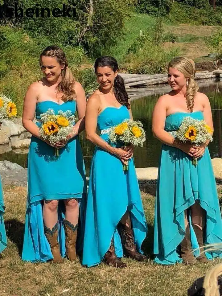 2019 Cheap Chiffon High Low Sleeveless Country Wedding Bridesmaids