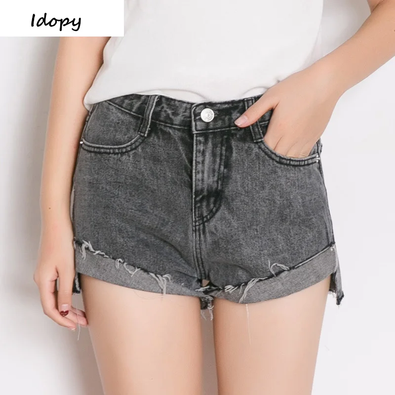

Idopy Summer 2018 Womens Vintage Washed Denim Shorts Ripped Grey Jeans Shorts Slim Fit Cuffed Hot Shorts For Girls