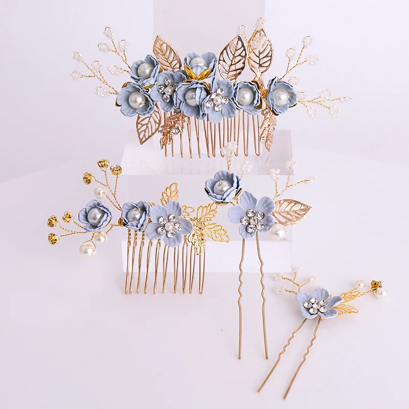

4 Pcs/set Blue Flower Tiara Hair Pins Combs Pearls Rhinestone Leaves Wedding Women Hair Jewelry For Bride Gold Hair Accessories
