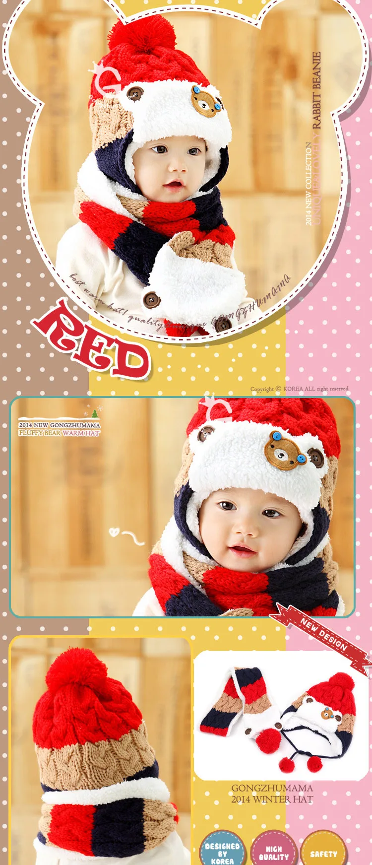 Doitbest/Детские вязаные шапки для детей от 12 месяцев до 4 лет, коллекция года, Корейские вязаные шапки с медведем для мальчиков, зимние меховые шапки из 2 предметов для маленьких девочек, зимняя шапка и шарф