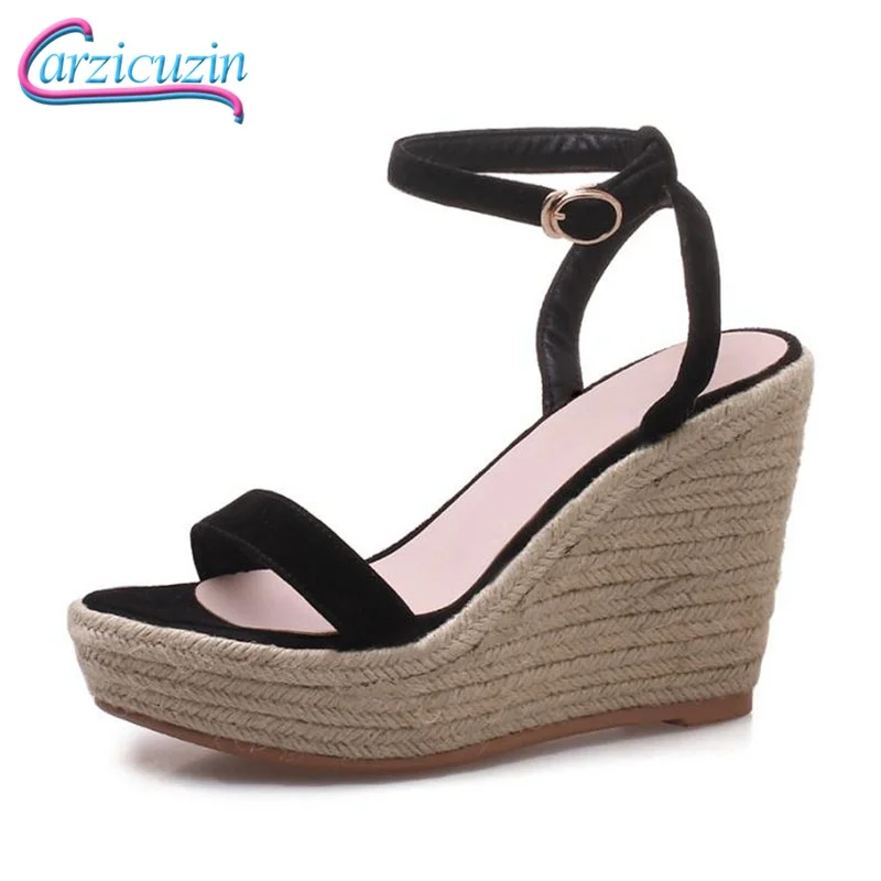 

CarziCuzin Women Sandals Genuine Leather Wedges Round Toe Fashion Buckle Platform Shoes Fashion Mature Ladies Shoes Size 34-39
