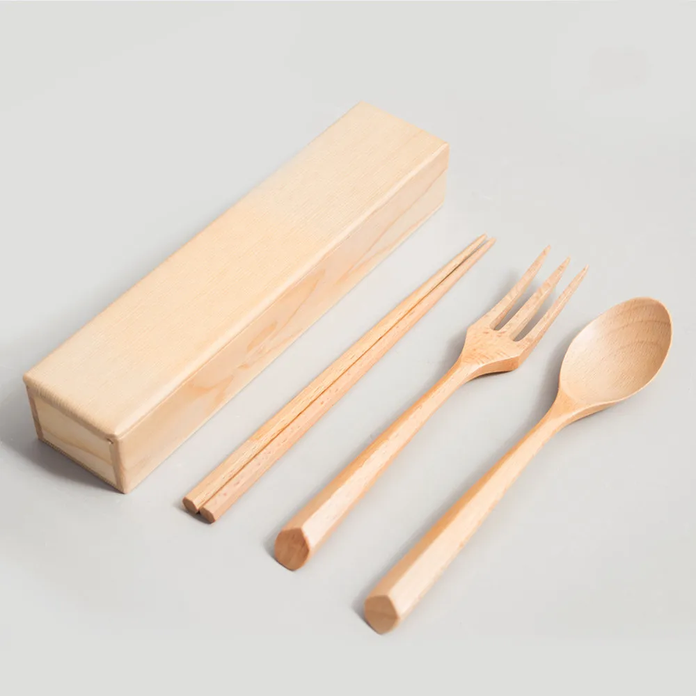 Wooden Dinnerware Set Natural Wood Fork Traditional Chinese Tableware Wooden Box Packaged