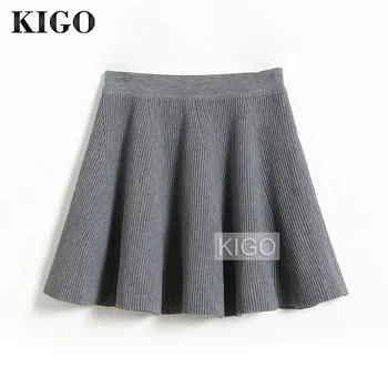 

KIGO Autumn Winter Fashion Women Casual Mini Skirt High Waist Vintage Pleated Knitted Skirt Elastic Waist Ladies Saia KH2467H