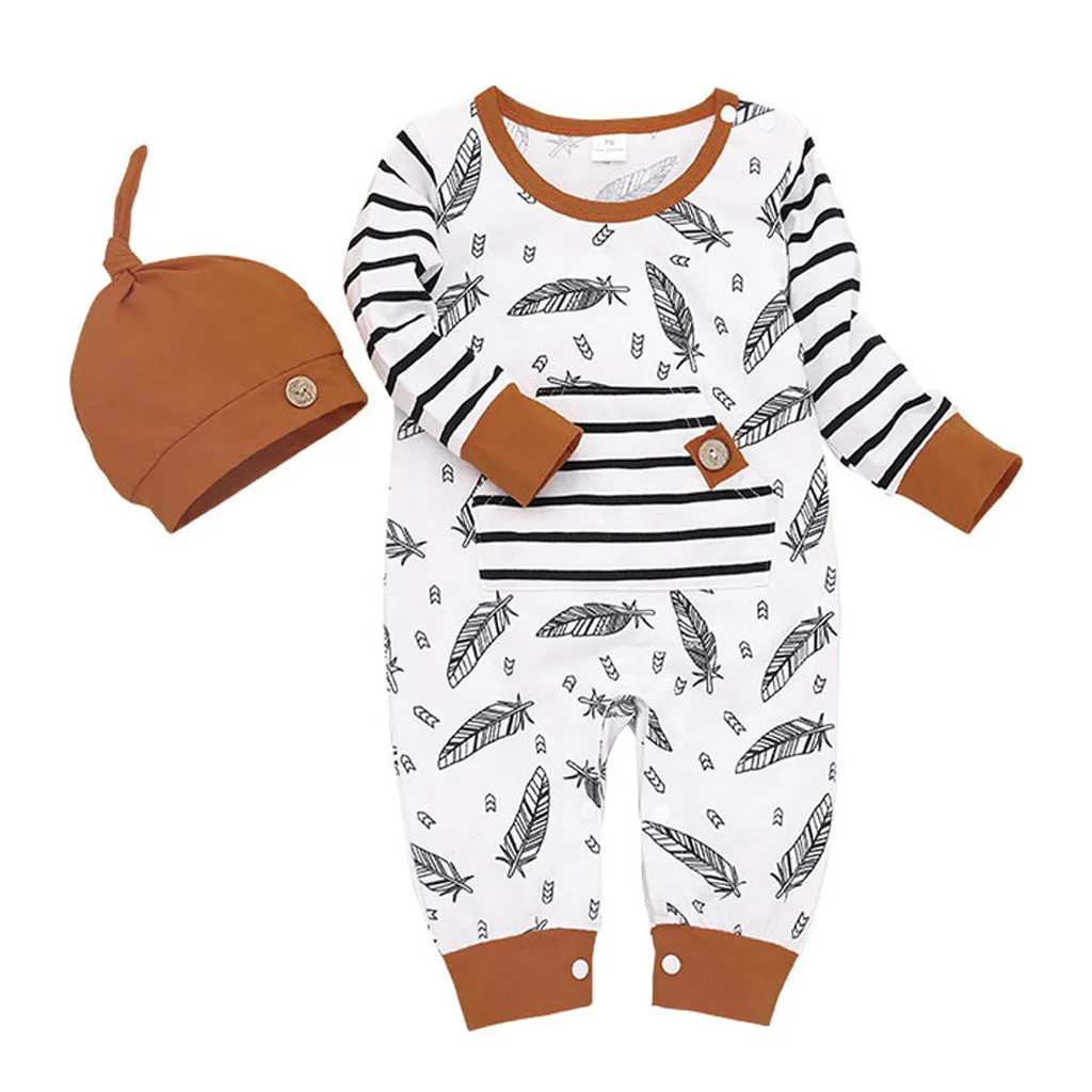 Infant Baby Girl Boy Romper Long Sleeve Feather Striped Jumpsuit Outfits with Pocket Clothes Hat Set Ropa Bebe |