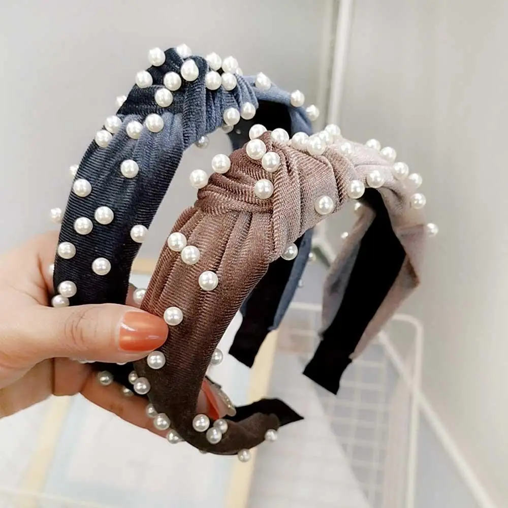 

Summer Autumn Women Hairband Fashion Pearl Velvet Cross Knotted Headband Elastic Hair Bands Accessories